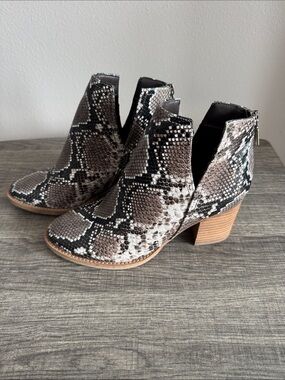 Snake-Print Ankle Booties in Taupe and Black